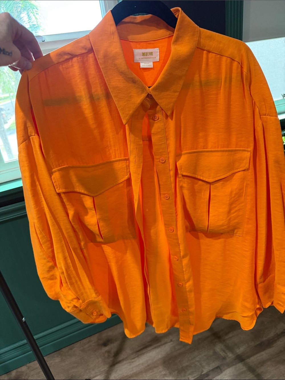 Maeve Vibrant Orange Button-Up Shirt with Flap Pockets